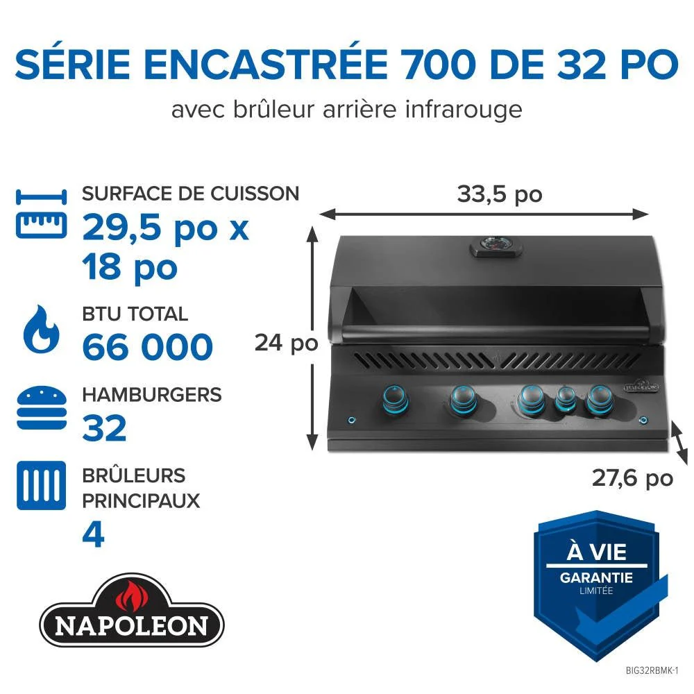 BIG32RBPMK-1 - Napoleon - Gril encastré de 32 po de la série 700 avec brûleur arrière infrarouge, propane, noir mat - Image 3